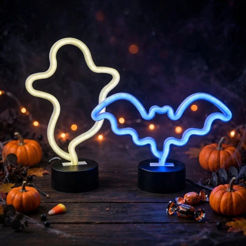 Halloween LED Neon Lights Ghost Bat Set 2 Battery Powered Tabletop Decor NWOT